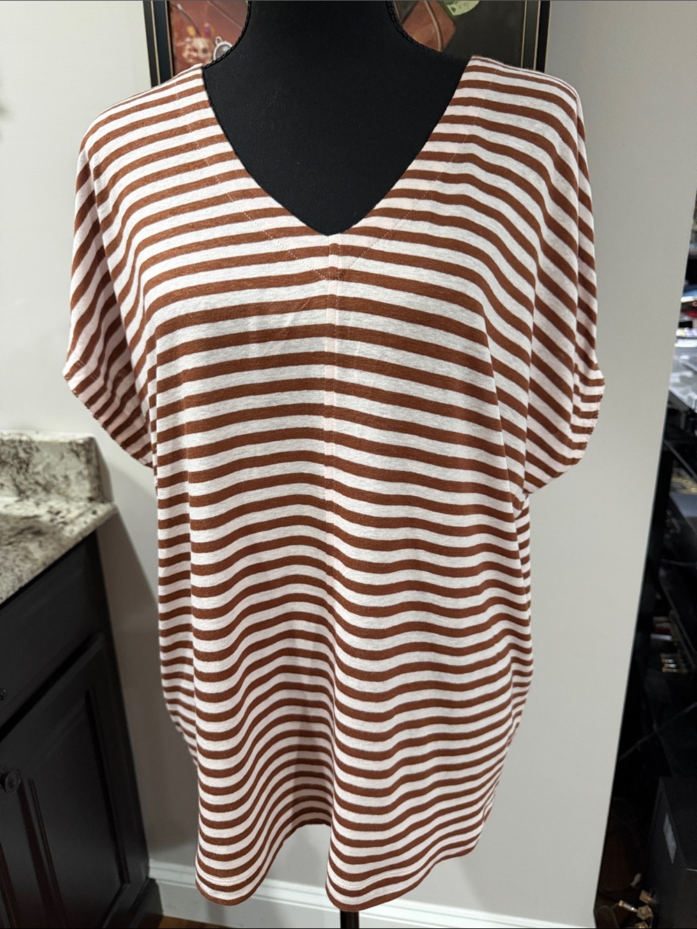 J. Jill Striped Women’s  Linen V-Neck Tunic Top in Brown and Cream Size medium